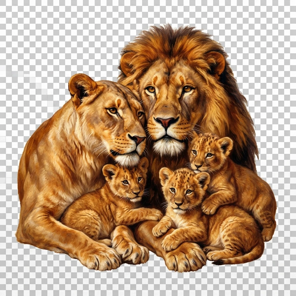 Draw a touching scene: a lion family, closely pressed against each other, conveys a sense of love, understanding, warmth, and affection. In the center, there is a male lion,…