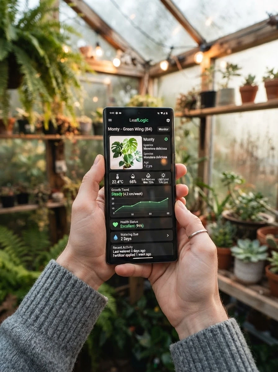 Generate in Pro-quality: Close-up of a smartphone screen showing a plant growth monitoring app, blurred background of a cozy winter greenhouse, highly detailed interface,…