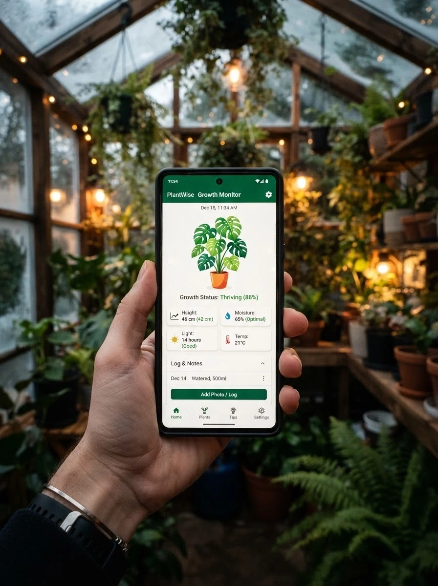 Generate in Pro-quality: Close-up of a smartphone screen showing a plant growth monitoring app, blurred background of a cozy winter greenhouse, highly detailed interface,…