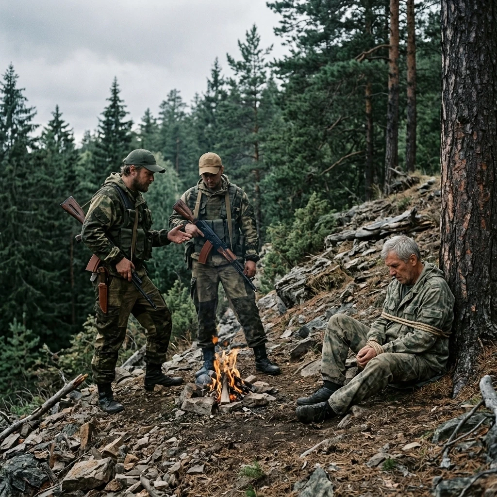 Хвойный лес. На склоне холма стоят двое вооружённых мужчин с АК-74 в камуфляже и бейсболках рядом слева мужчина в камуфляже и бейсболке с ножом они что-то обсуждают. Небольшой…