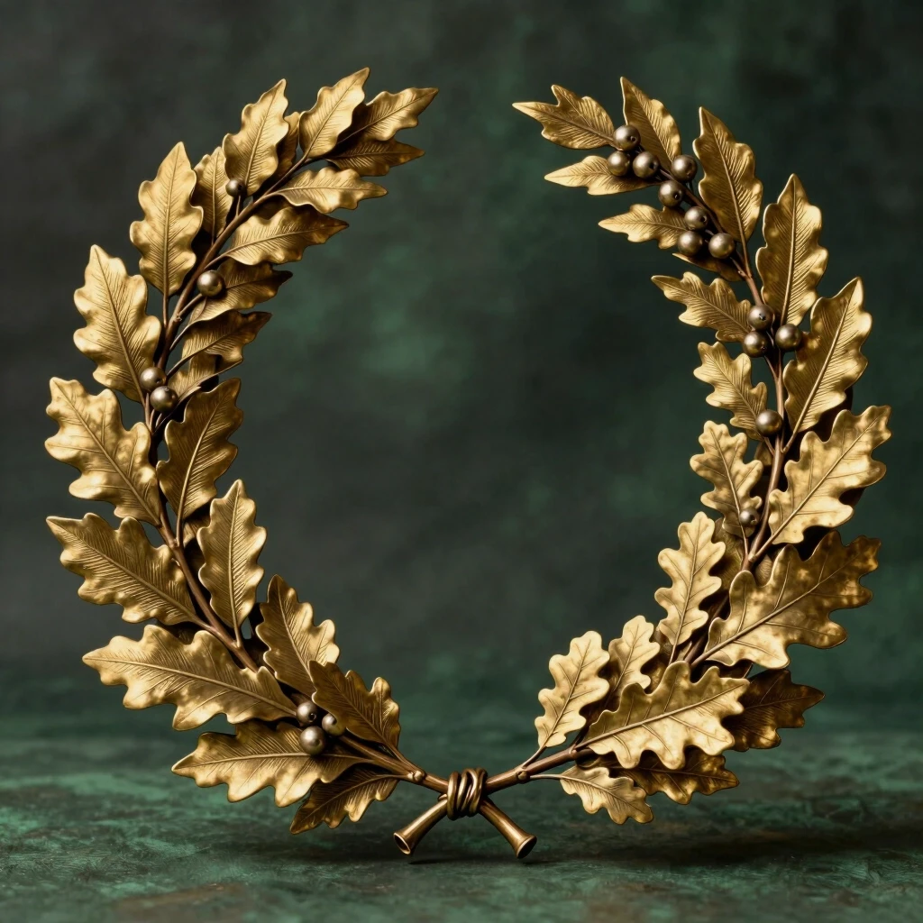 A highly detailed classical laurel wreath made of metallic gold and bronze leaves, arranged in a graceful, symmetrical oval shape. The wreath is composed of numerous overlapping…