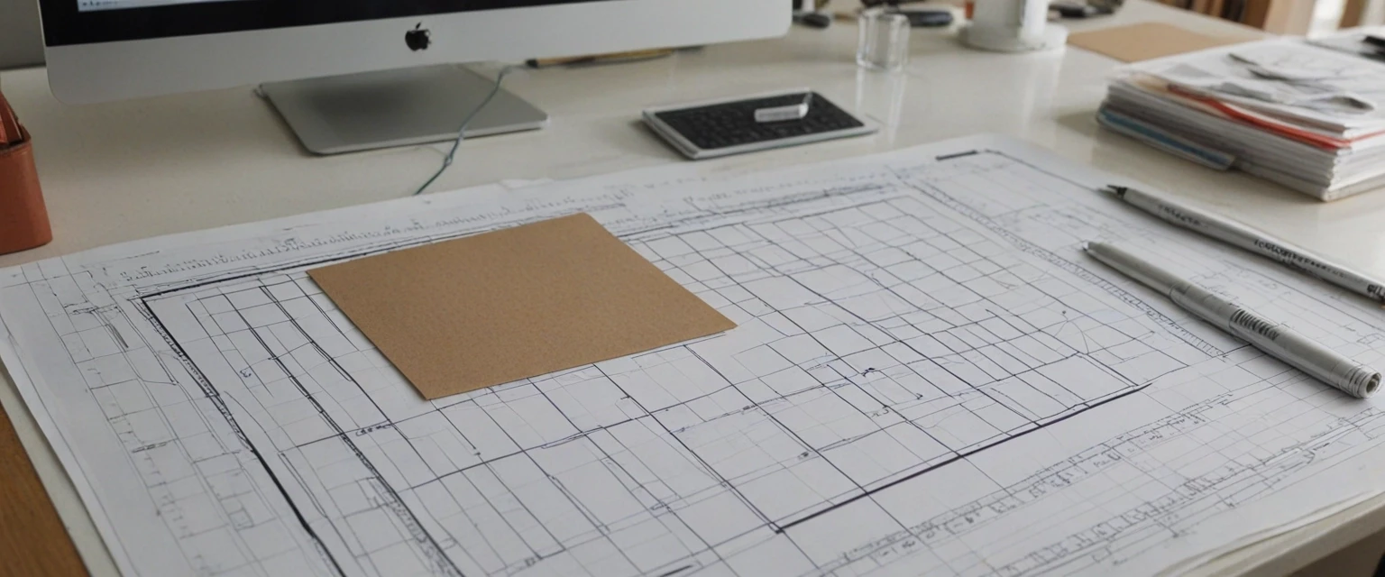 Photorealistic, frontal view of a clothing pattern design bureau. Foreground: a matte white desk with neatly arranged paper sewing patterns, transparent plastic drafting rulers…