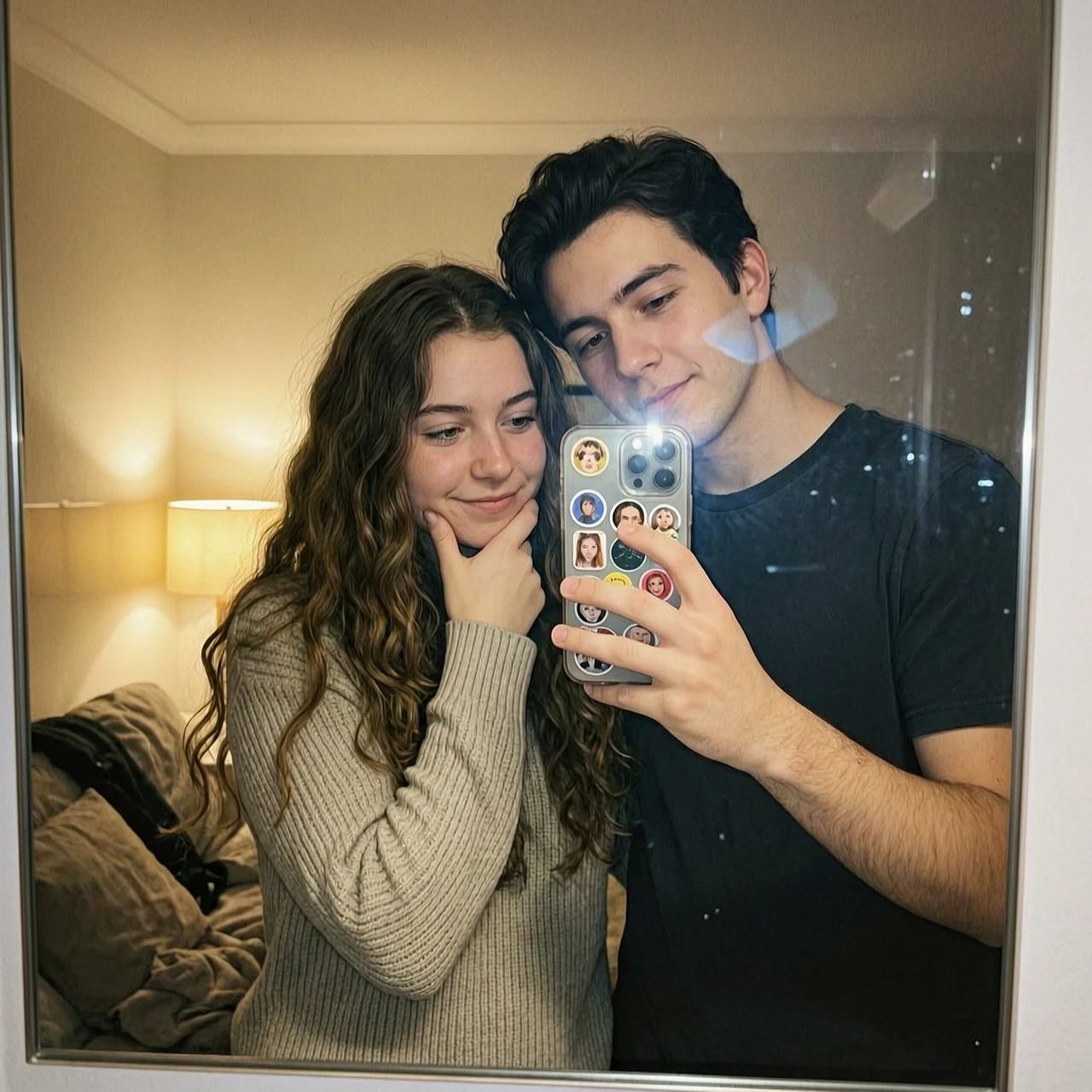 Vertical mirror selfie shot on iPhone, 9:16 aspect ratio. A young man (looking like the guy from the first photo with dark hair) and a young woman (looking like the girl from…