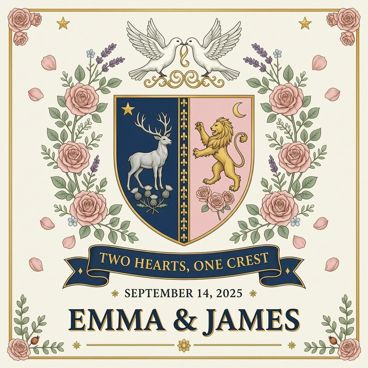 Design an elegant wedding coat of arms combining two family crests into one unified heraldic shield, split down the middle (dimidiated), each half subtly referencing a different…