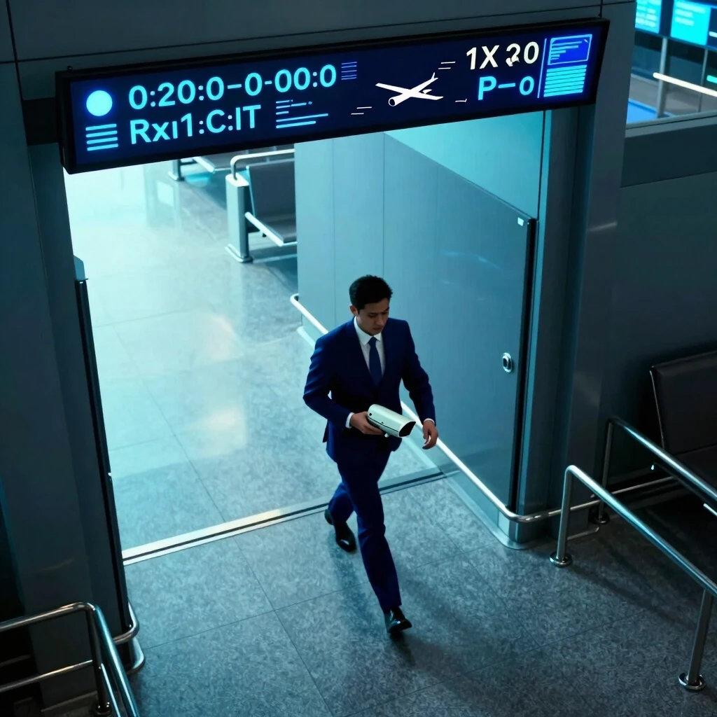 Surveillance camera footage, wide-angle shot from a high angle, cinematic futuristic aesthetic. An airport employee in a dark blue suit and white shirt is hurriedly walking…