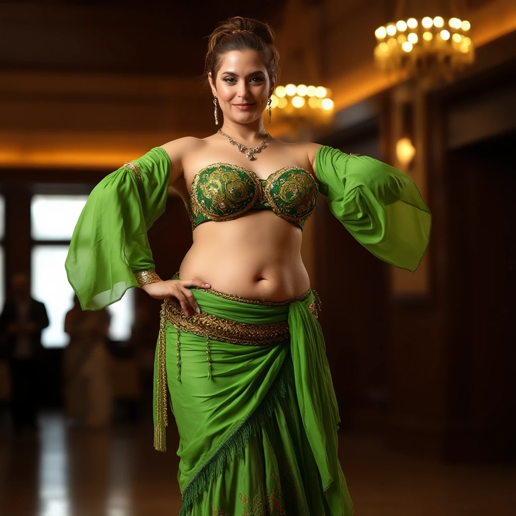 front view chubby belly dancer fifty years woman in green costume brown short ponytail hair stand in hall — работа пользователя Прекрасная Мантикора