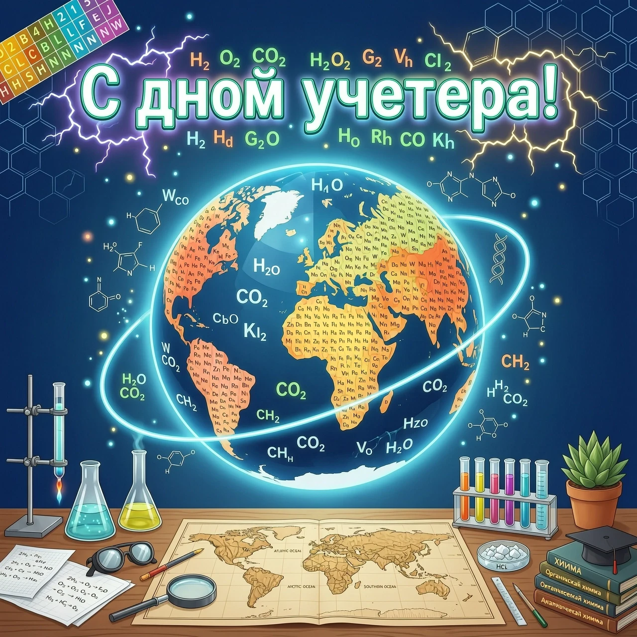 Мне надо сделать поздравление на День учителя в химической стилистике с географическим отливом. По центру электрическая надпись: "С днём учителя!" В поздравлении…