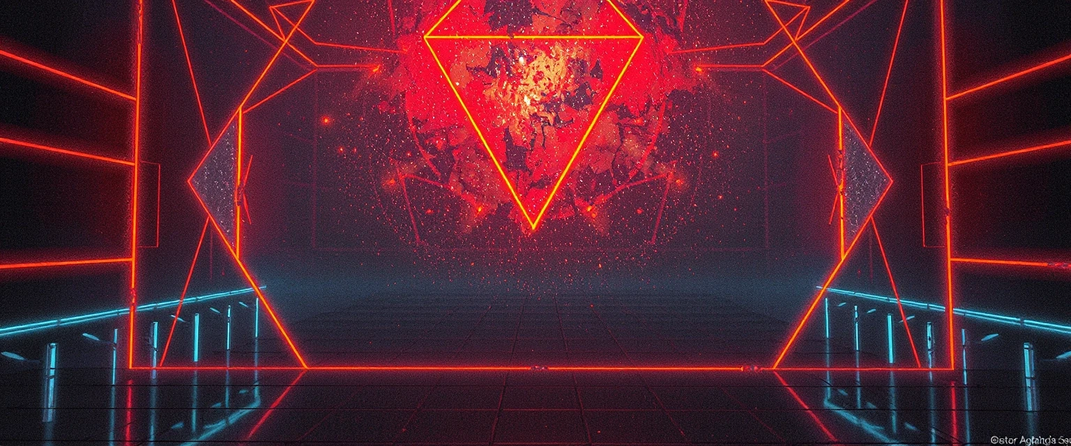 Futuristic sci-fi banner background, dark digital space, glowing neon orange and cyan geometric grid lines, Tron aesthetic, subtle tech particles, cinematic lighting,…