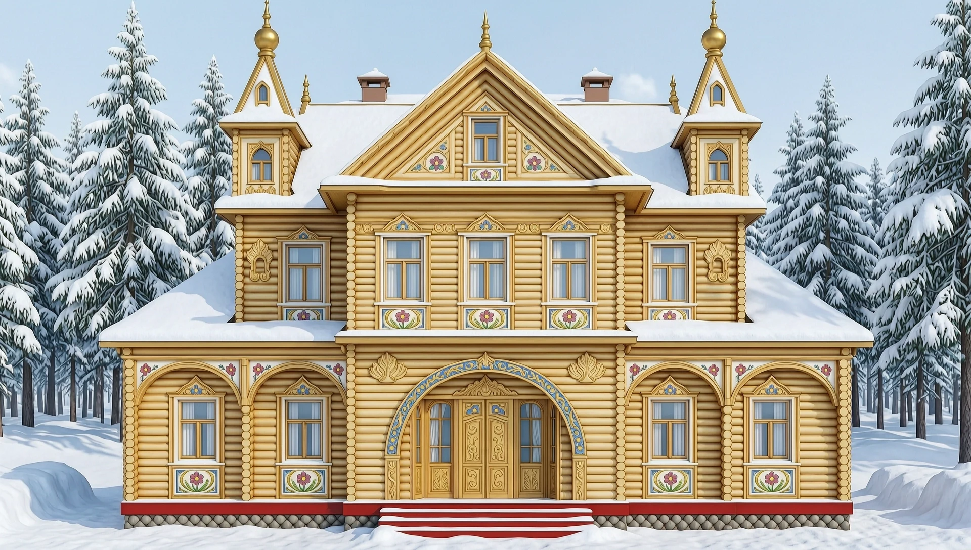 создай рисунок Терем, царская усадьба, 2 этажа, с башнями, кокошниками, аленькими цветочками и жар-птицами на фарфоровых изразцах, построенная в русском народном сказочном стиле…