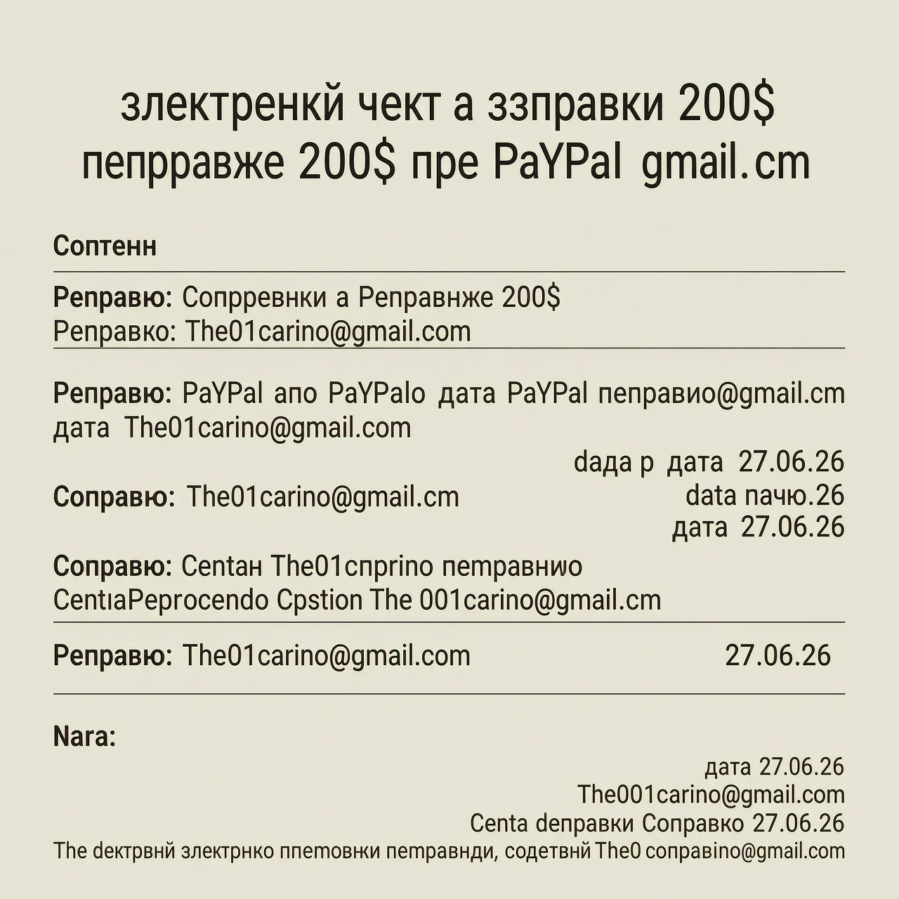 Сгенерируй электронный чек об отправке 200$ через PayPal по почте The01carino@gmail.com дата 27.06.26 — работа пользователя Неповторимый Кристалл