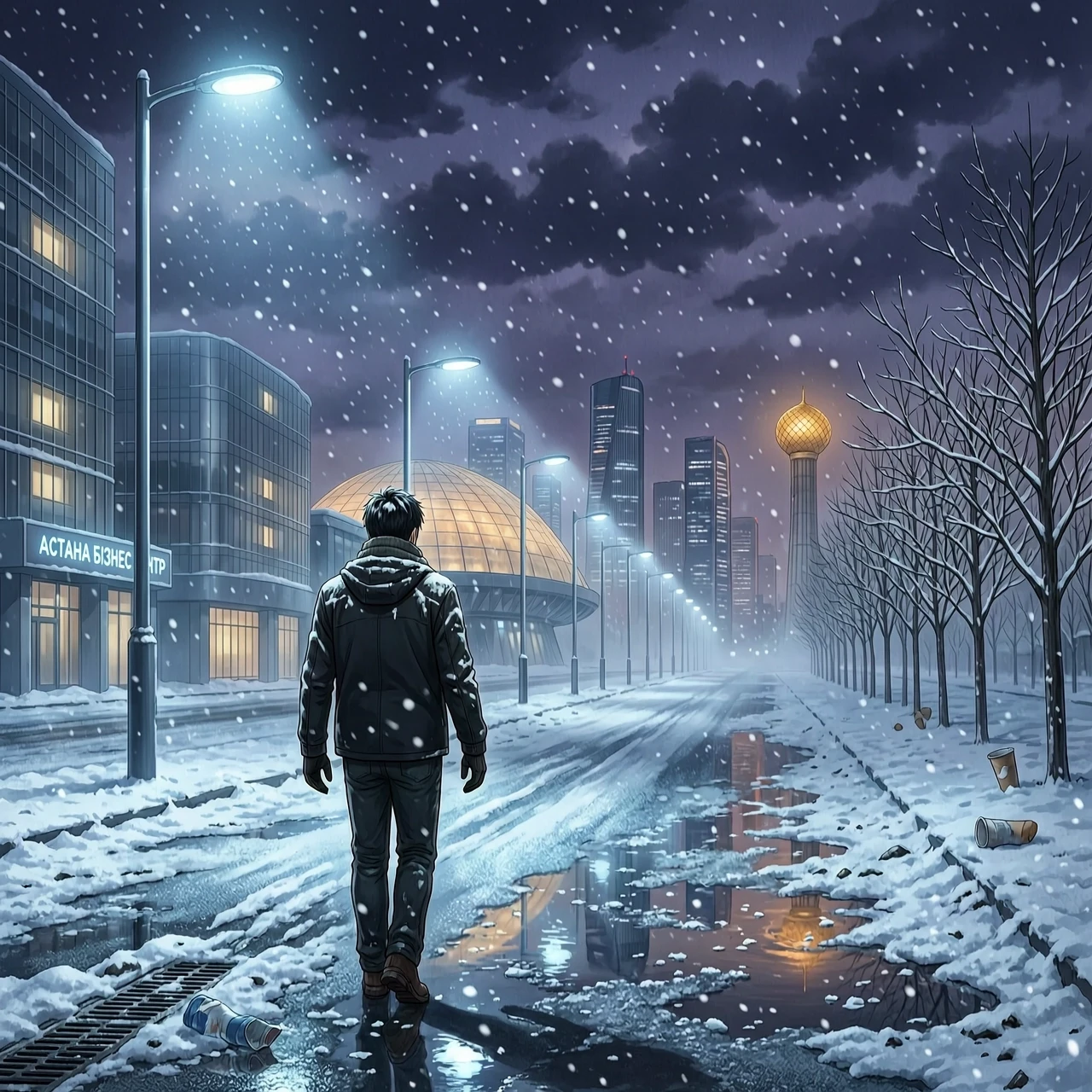 Vertical 9:16, cinematic realistic anime thriller, futuristic Astana, Kazakhstan, winter night at 2:17 AM, deserted snow-covered city street, heavy snow falling, futuristic…