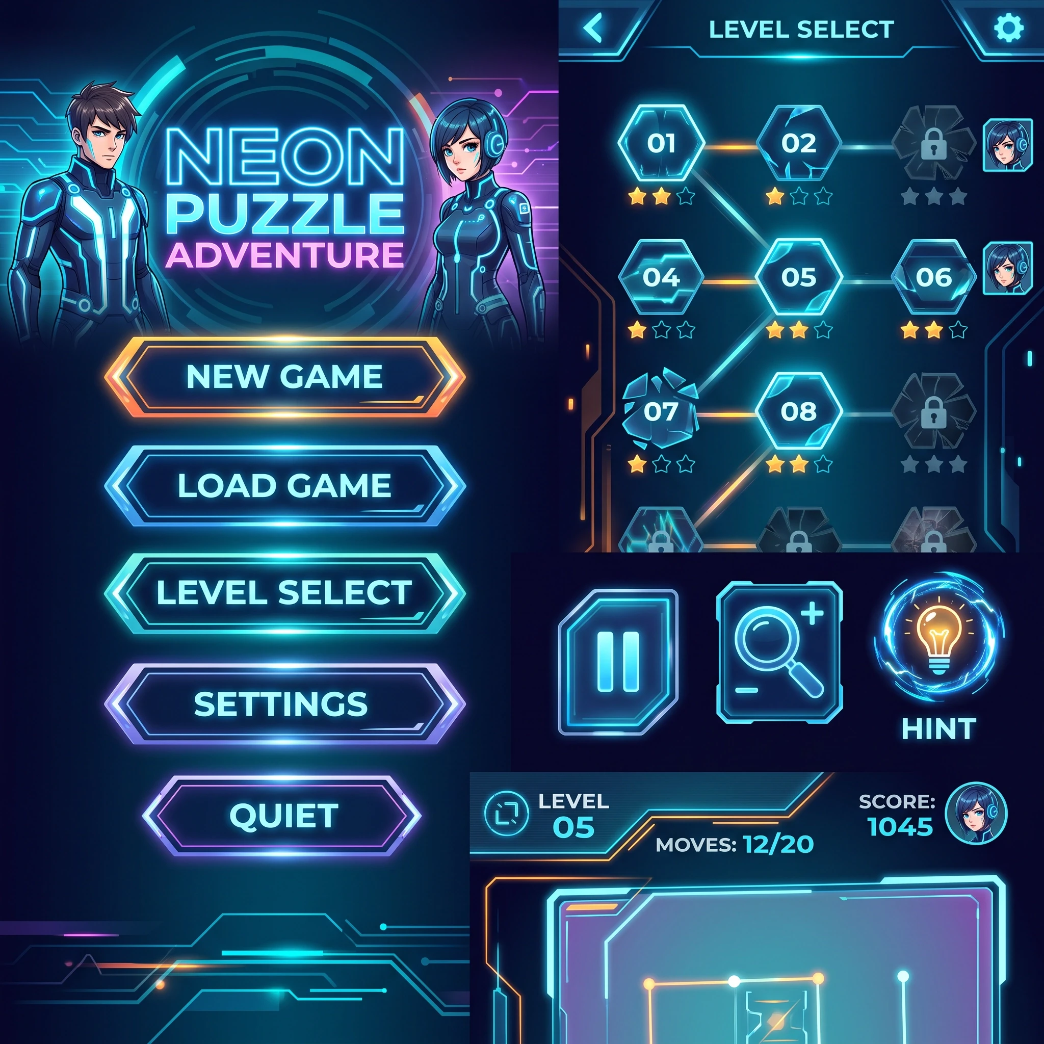 Нарисуй ui kit для мобильной игры головоломки пазл, в стилистике аниме трон отмеченном богом. Чтоб было главное меню, уровни, кнопки пауза увеличения подсказка. — работа…