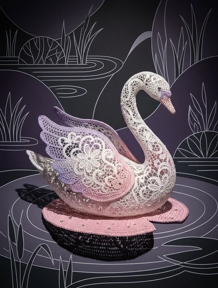 An abstract painting, an intricate and colorful abstract design, a stylized scene. The figure of a white swan, crocheted. Thin white lace patterns. A slight gradient, a shade…