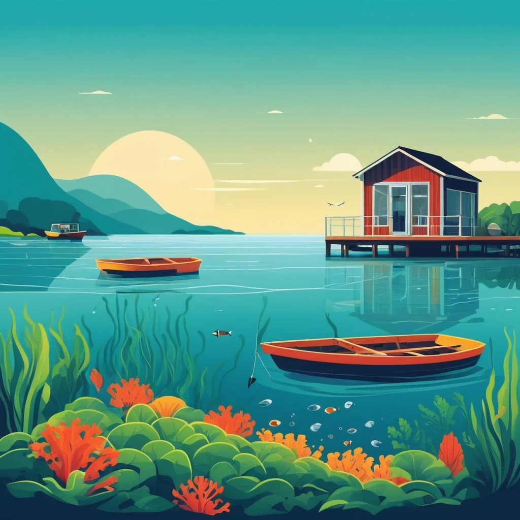 Aquatic farms, marine greenhouses, and ocean food farming systems. Simple style with outlines, cute and clean — работа пользователя Огненный Синтез