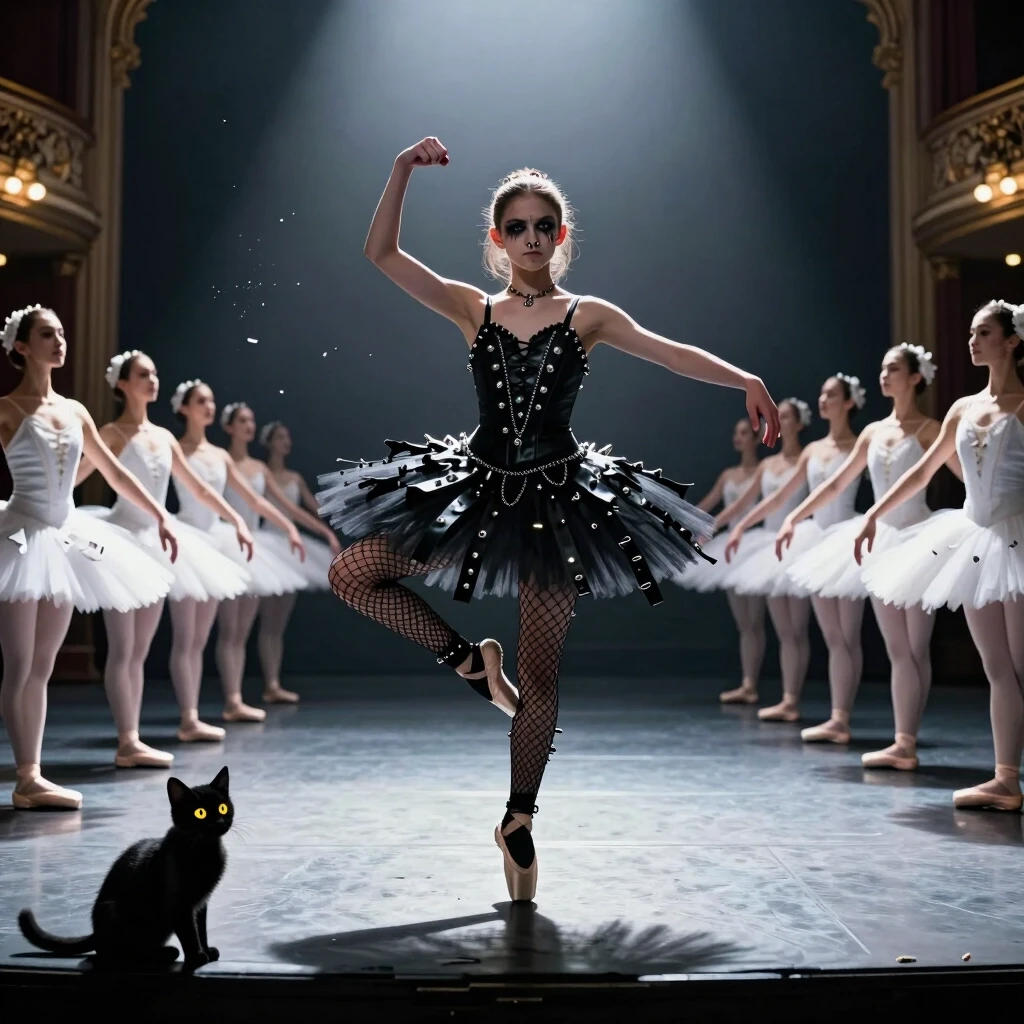 Photorealistic cinematic shot, 8K, octane render, dramatic studio lighting. Wide-angle lens (24mm) to capture the full scale of the ballet scene. In the center of a grand,…