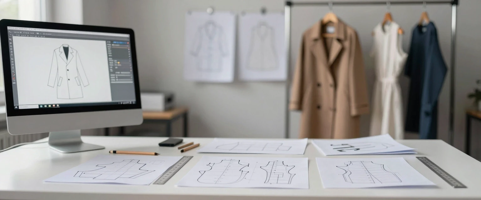 Photorealistic, frontal view of a clothing pattern design bureau. Foreground: a matte white desk with neatly arranged paper sewing patterns, transparent plastic drafting rulers…