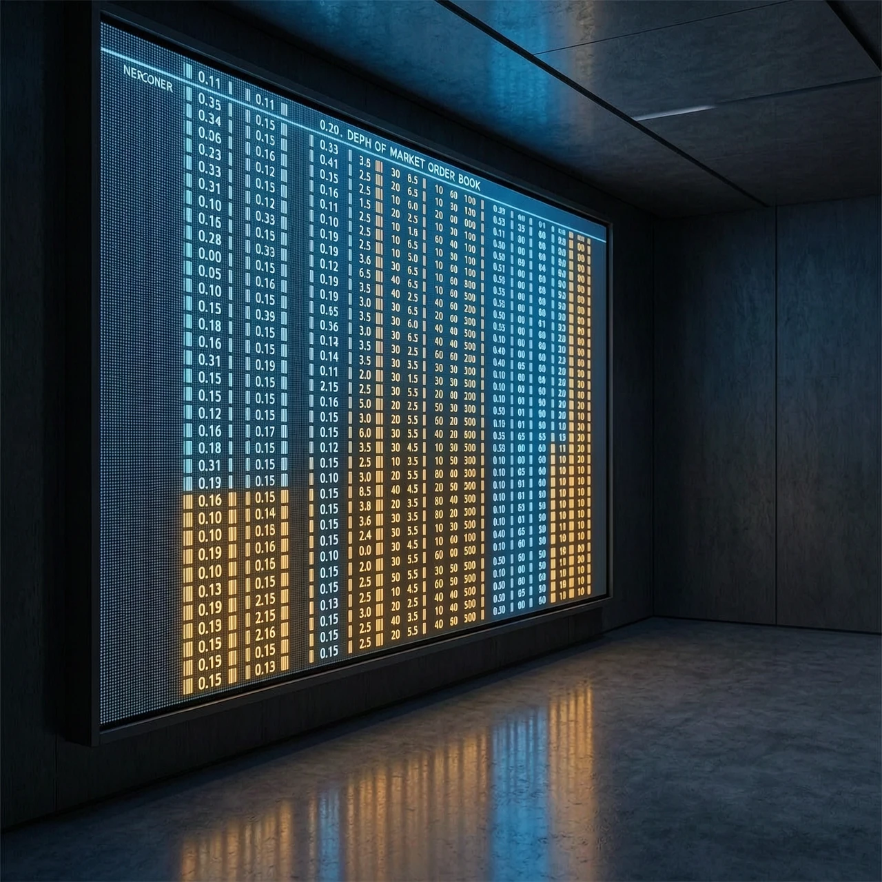 Minimalist cinematic scene, a large glowing display showing a depth of market order book with abstract numbers on a dark background, neon blue and amber lighting, no text on the…