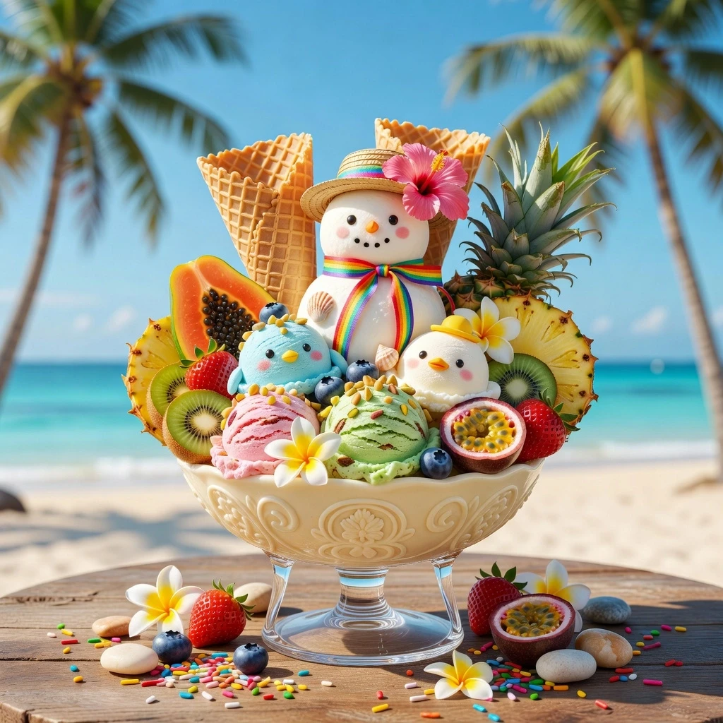 A bright, photorealistic 3D rendering of a tropical dessert in a transparent crystal bowl on a high leg, a carved cream bowl on a wooden table against the background of the…