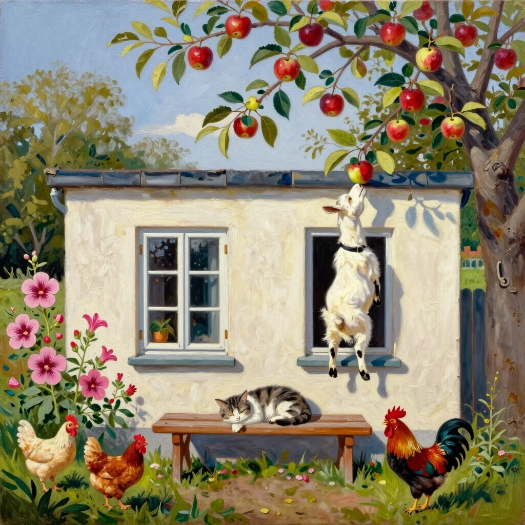 Рисунок маслом. Дом с двумя окнами. На заднем плане яблоня, коза стоит на задних лапах пытается достать верхнее яблоко. Перед окнами скамья, на ней спит кот. На углу дома цветет…