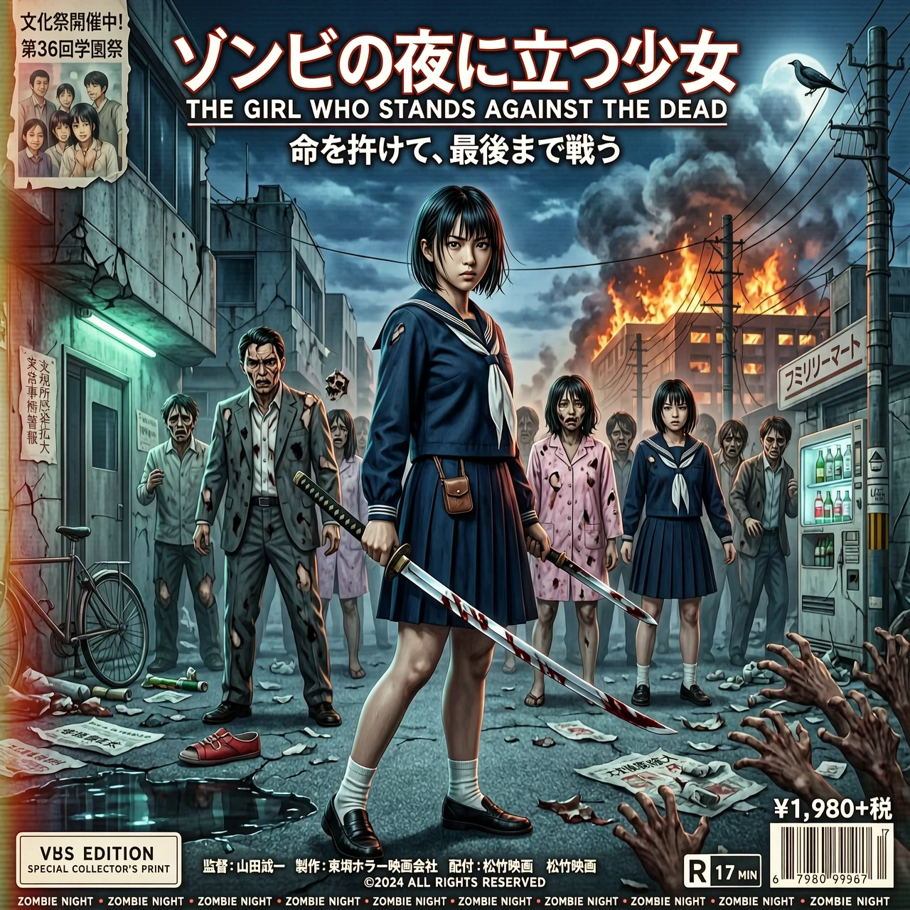 19 yo,school uniform girl ,hand katana, preparation for battle zombies,vhs retro game, fighting vs zombies, Japanese horror action,poster movie , realistic version — работа…