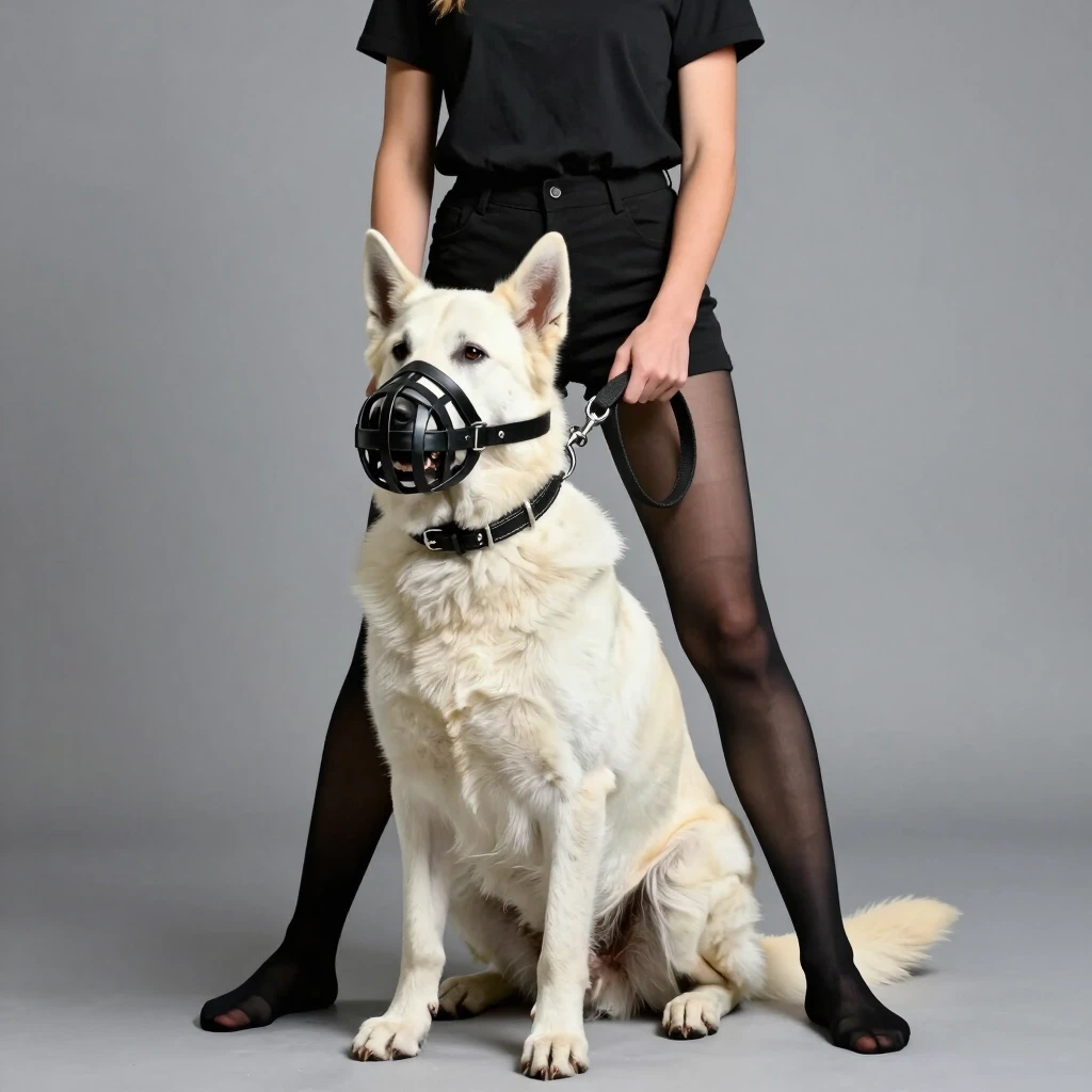 A strict girl in a black T‑shirt, black shorts, and black nylon tights, without shoes, is strictly controlling a large Caucasian Shepherd dog in a leather collar and a thick…