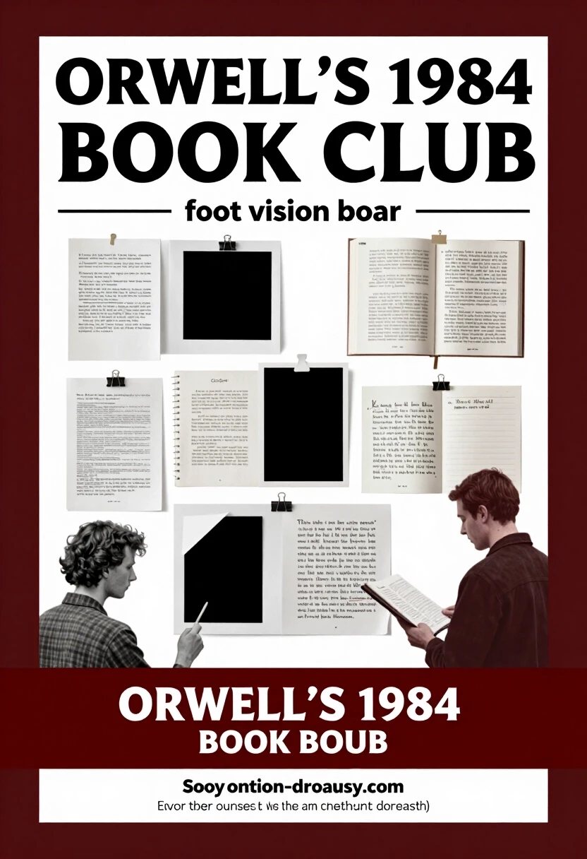 Сделай афишу книжного клуба по Оруэллу 1984 где люди создают карту желаний — работа пользователя Элегантная Дифракция