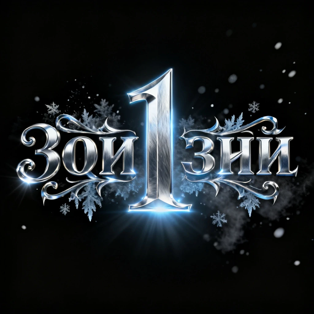 Cinematic glowing silver steel title text in Russian: "1" with intricate gothic-inspired curlicues and sharp metallic filigree, cold silver figured letters with a…