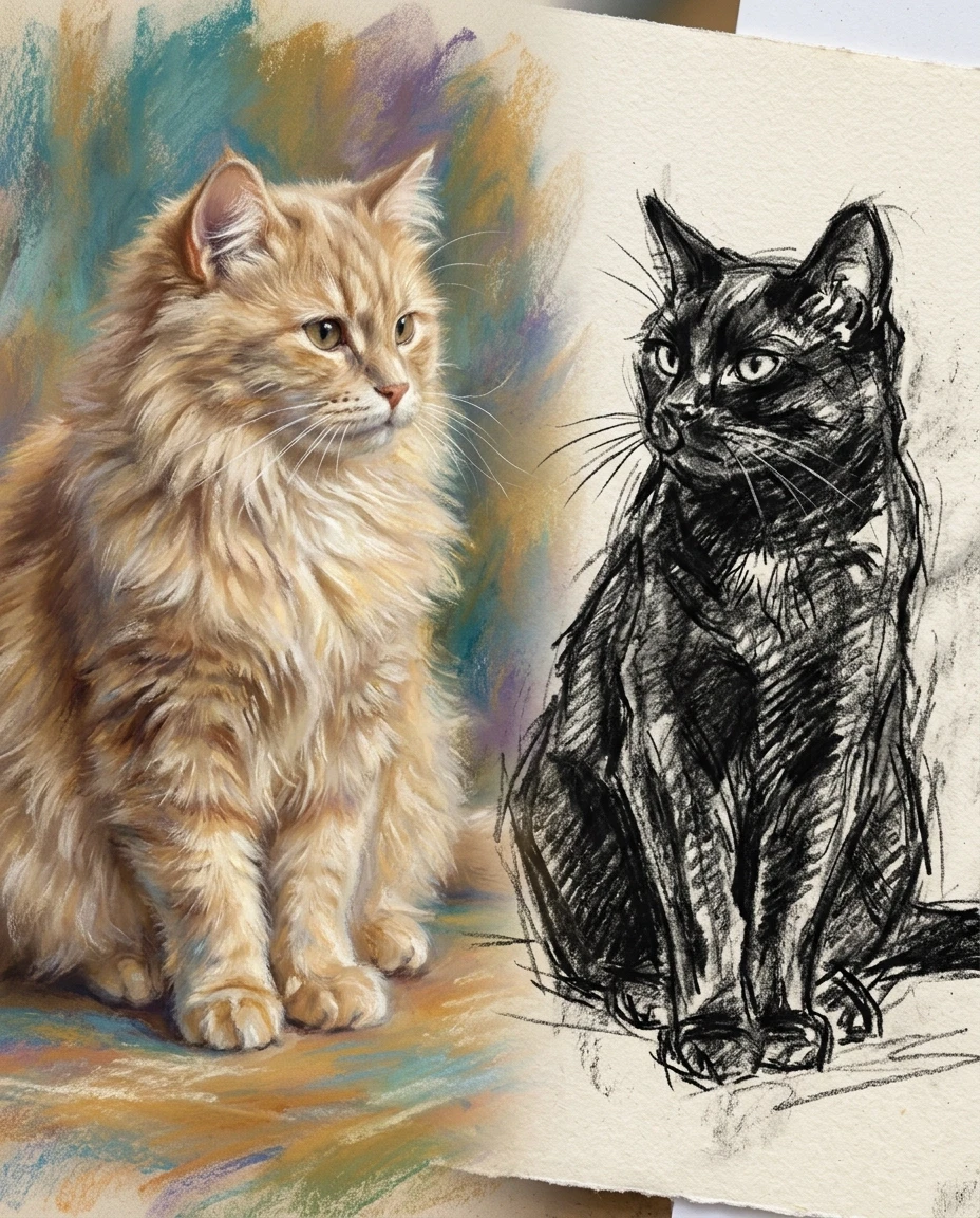 A real masterpiece. How artificial intelligence would depict: ((Aesthetics: Impressionism. An image of a delicate beige fluffy cat made in pastel technique, and next to it sits…