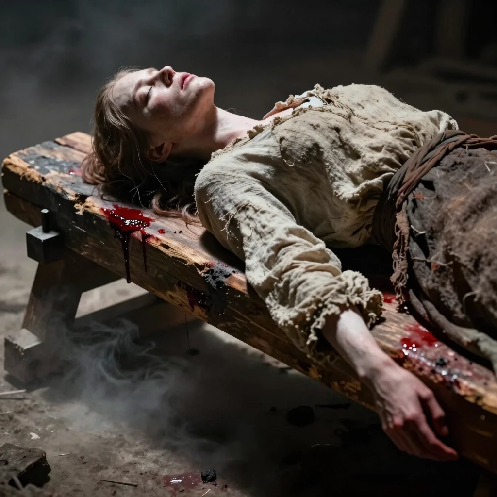 a pale woman lying prone across a heavy, blood-stained wooden execution block, her neck pressed against the rough-hewn timber, eyes closed in resignation, coarse linen fabric of…
