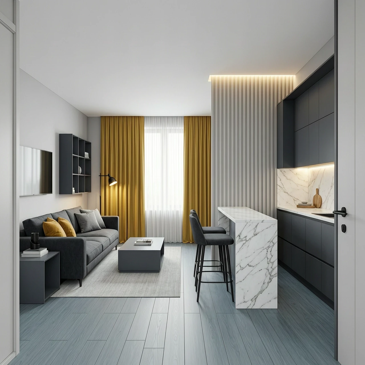 Interior design of a rectangular 18 sqm kitchen-living room, view from the entrance door. Room size 4.5m width x 4.0m depth, ceiling height 2.7m. Upon entering, on the left is a…
