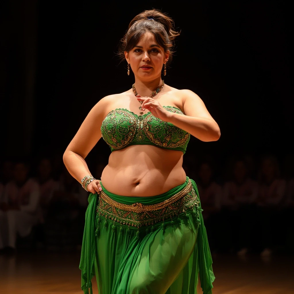 front view chubby belly dancer fifty years woman in green costume brown short ponytail hair stand in hall — работа пользователя Прекрасная Мантикора