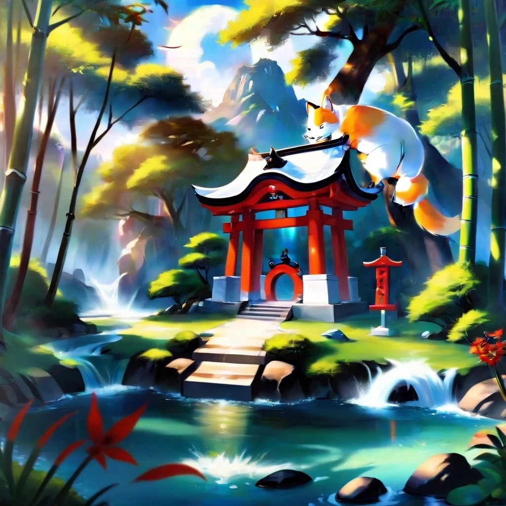 a Japanese shrine dedicated to kitsune, bamboo groves and small lakes along the sides, sunny weather. — работа пользователя Безудержный Свет