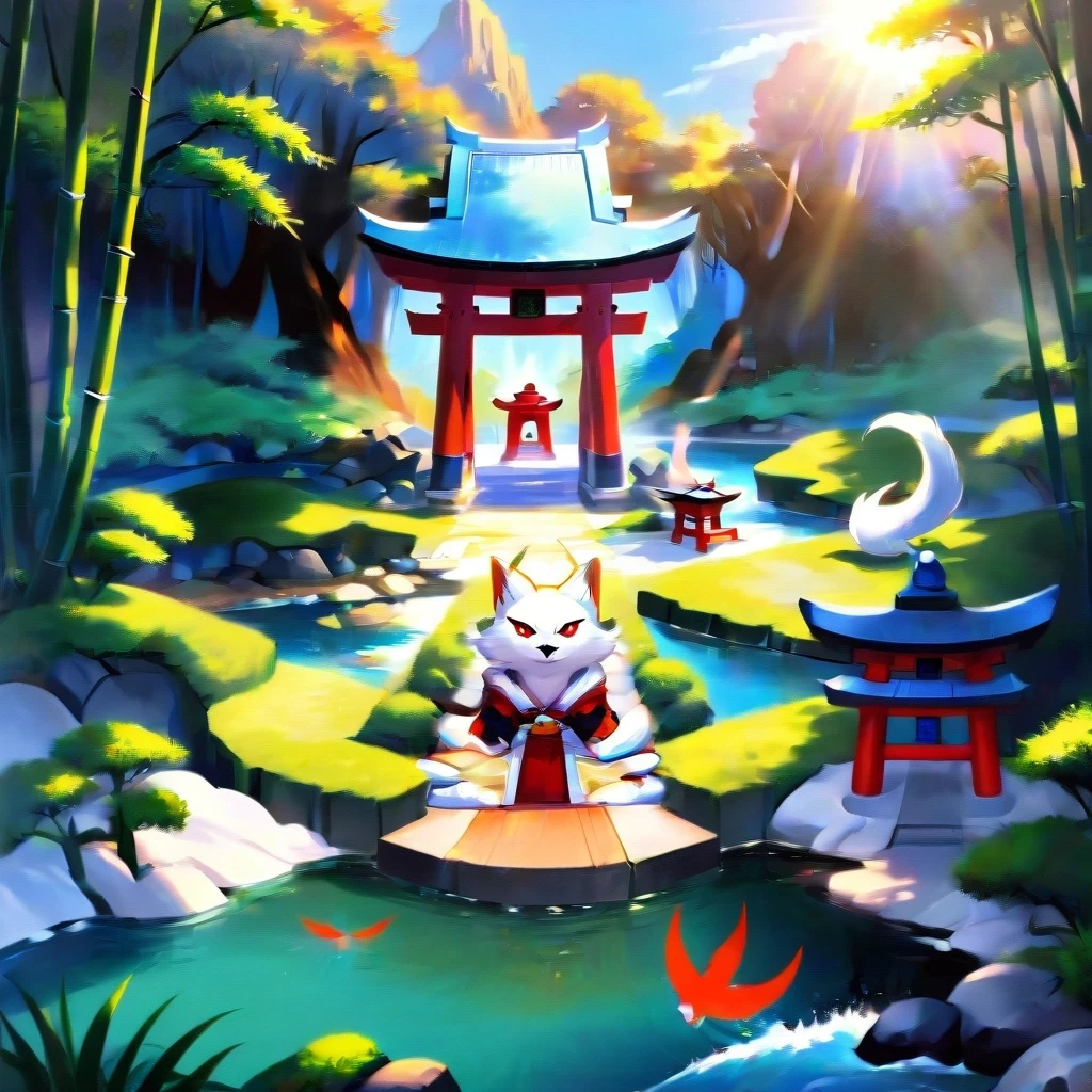 a Japanese shrine dedicated to kitsune, bamboo groves and small lakes along the sides, sunny weather. — работа пользователя Безудержный Свет