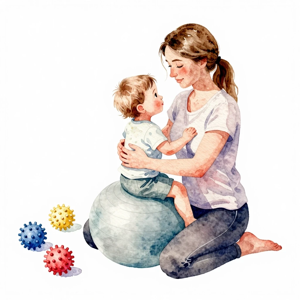 Watercolor painting: a Caucasian mom with light brown hair and a fair-haired toddler sitting on a fitball, hugging and bouncing together. Nearby are scattered colorful massage…