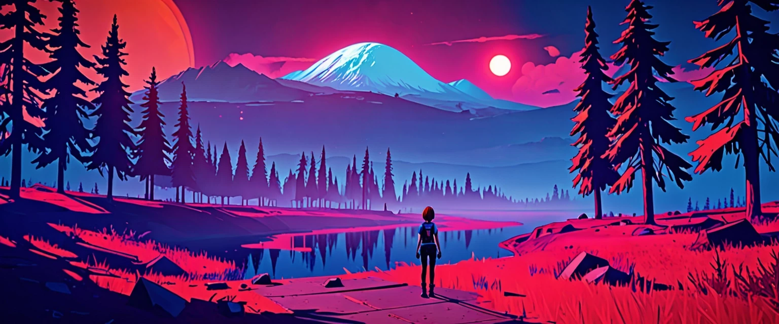 A natural landscape, art from *Life Is Strange*, Chloe Price, retro rave style, neon color, indigo, chrome, blood‑moon colors Nuclear flame of amber color A mercury‑colored wind…