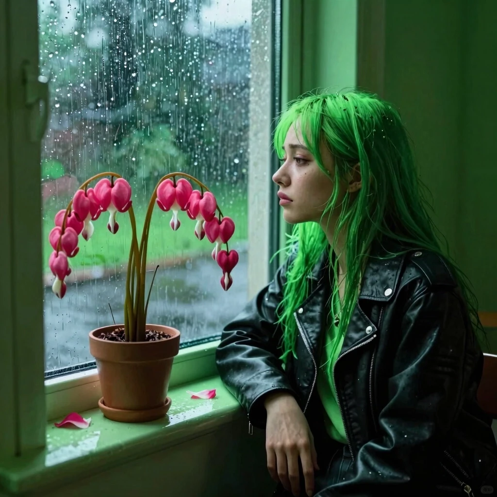 A girl with long green hair in a black leather jacket sadly looks out the window, it is raining outside, the room has a dim neon green light, a potted flower stands on the…
