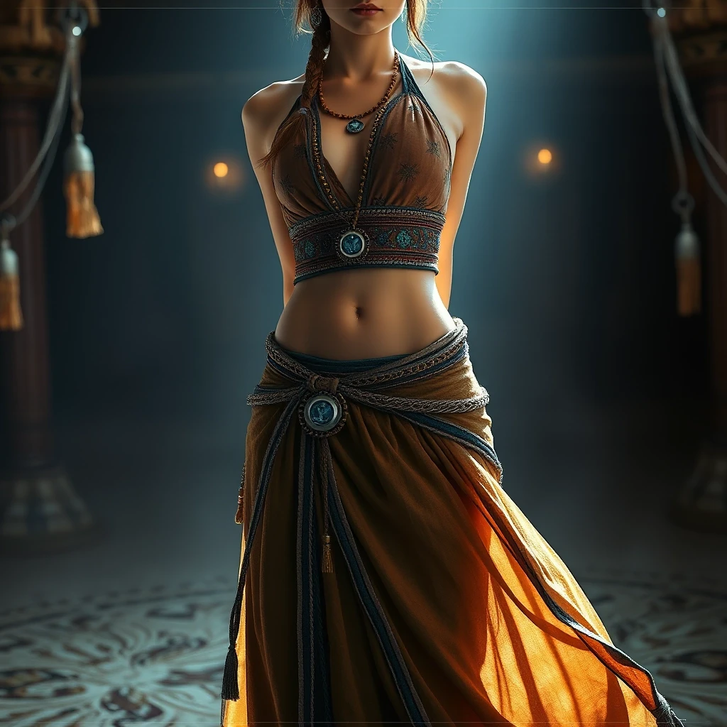 whimsical art stylized by Jasmine Becket-Griffith, fantasy art, Cycles render, upper body shot of a wearing Historical Halter top and maxi skirt, Soft light-weight Sardinian…