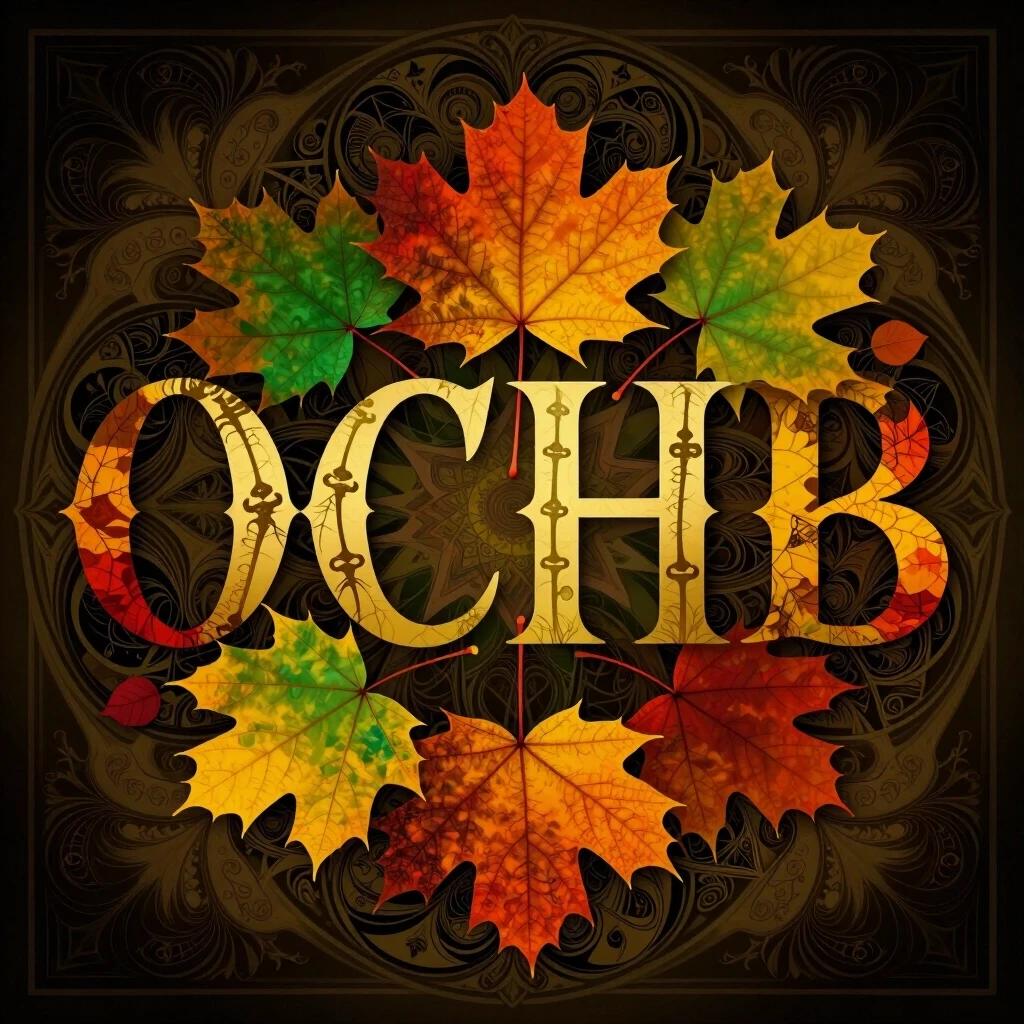 Digital image with double exposure and overlay of layers and textures. Vector graphics. The word "OCEHB" is made of gold, crimson and green skeletonized textured…