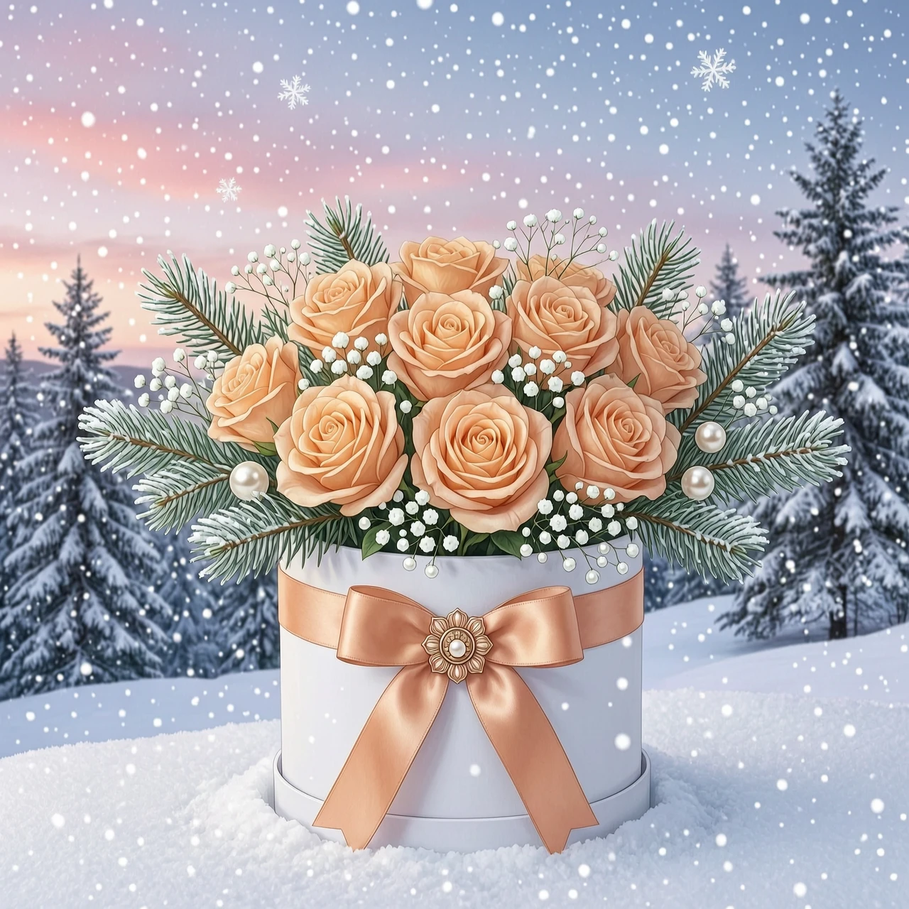 a bouquet of peach roses in a stylish white box decorated with a peach-colored satin ribbon with a decorative brooch,spruce twigs with frost and pearl ornaments and delicate…
