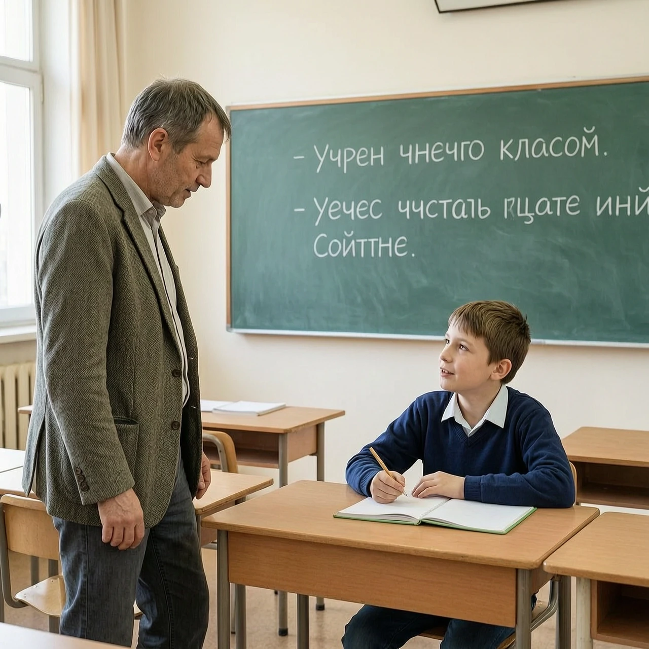 Фото: учитель стоит рядом с классом, не в центре, а чуть сбоку, как союзник. Или фото: учитель и ученик сидят за партой и что-то обсуждают спокойно. — работа пользователя…