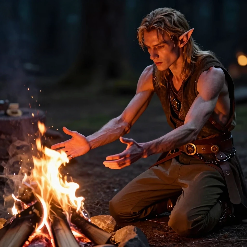 A slender, thin male elf is sitting on the ground, kneeling in front of a small campfire, and he is extending his hands toward it, palms facing the fire, to warm himself. —…