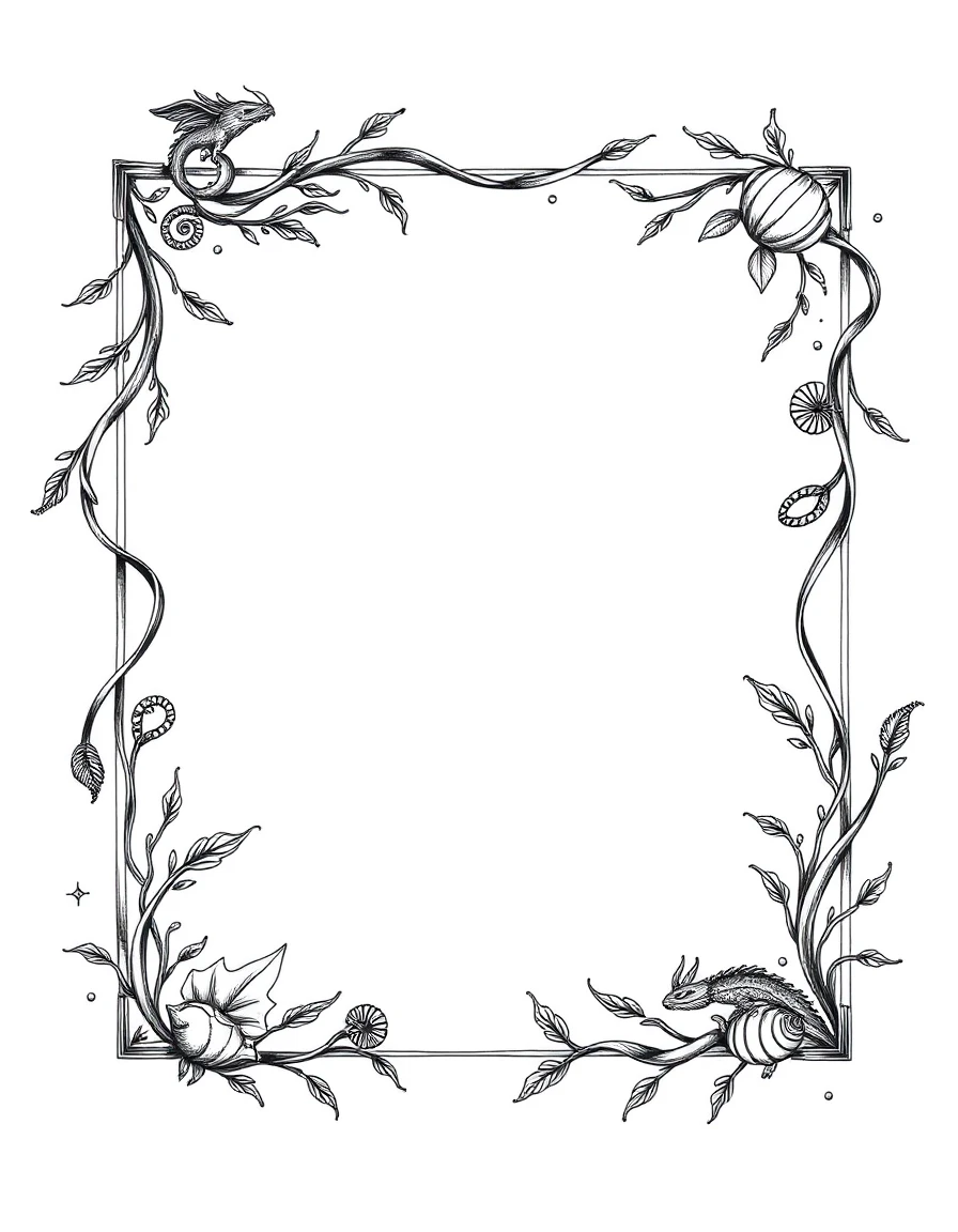 An elegant decorative frame for a fantasy book dictionary of an ancient underwater civilization. Pure white background. Fine black ink engraving, vintage scientific-book…