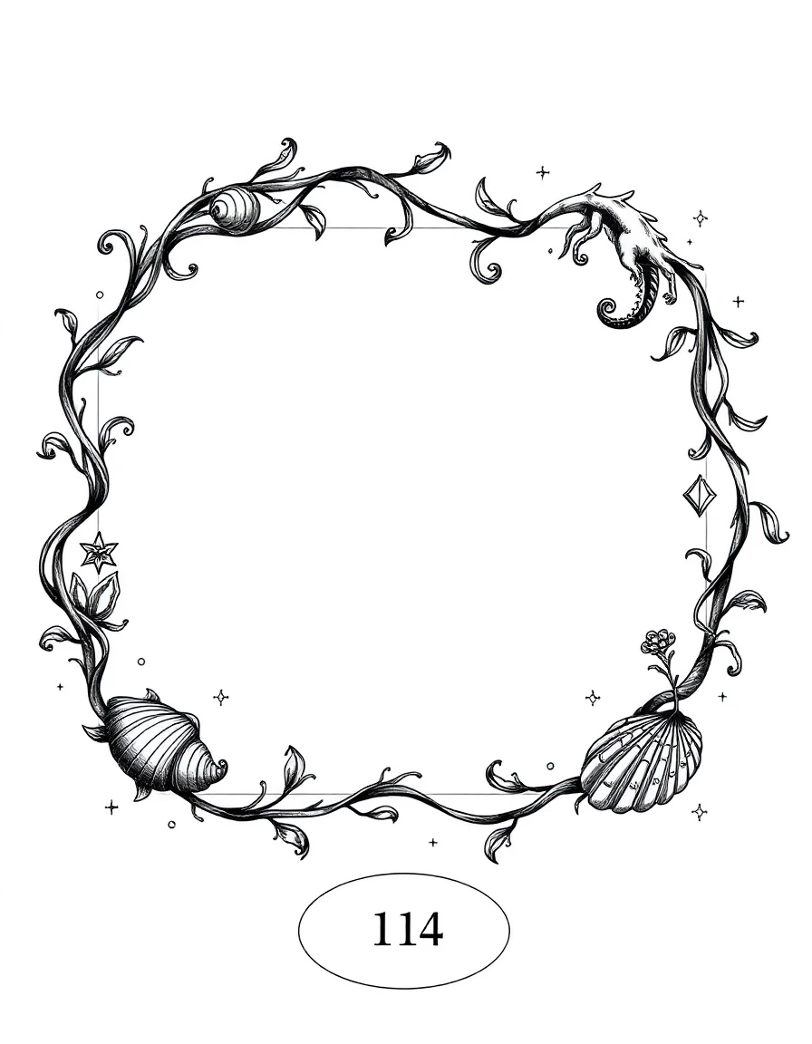 An elegant decorative frame for a fantasy book dictionary of an ancient underwater civilization. Pure white background. Fine black ink engraving, vintage scientific-book…