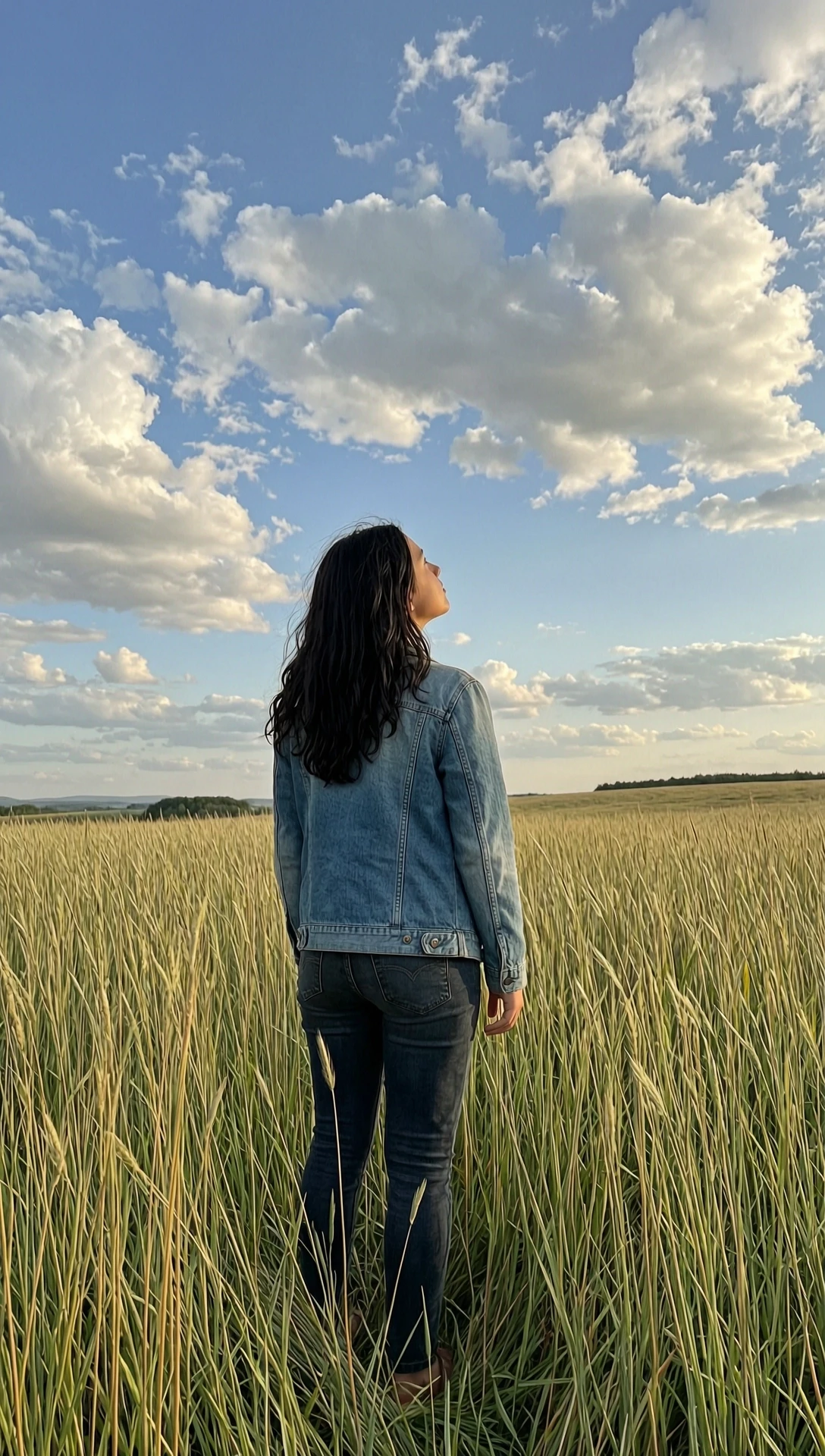 Create a realistic photo. A girl with dark hair is standing with her back to the camera. She is standing in a field and looking up at the sky from the depths. — работа…
