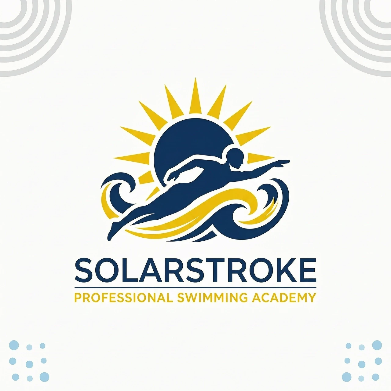 Minimalist vector logo design of a creative hybrid symbol combining a professional swimmer and a radiant sun, partially submerged in stylized water ripples. The silhouette of a…