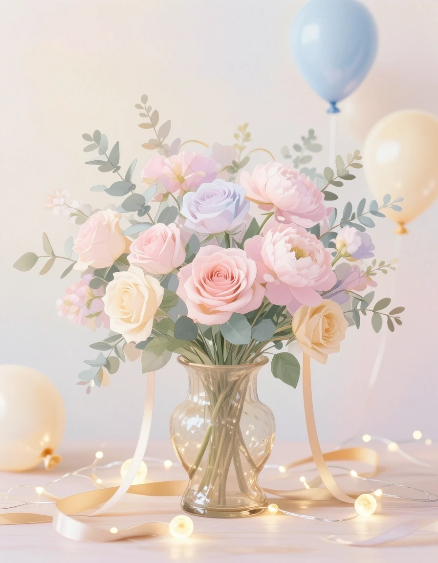 A beautiful birthday card illustration without any text: a soft and elegant still life with a bouquet of pastel-colored flowers (roses, peonies, eucalyptus) in a vintage glass…