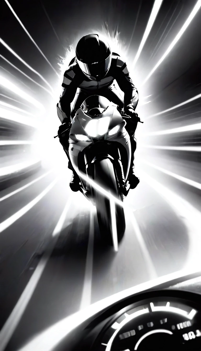 A striking black-and-white, high-speed shot of a motorcyclist on a racetrack; superimposed at the top of the frame is a large, glowing speedometer showing ascending…