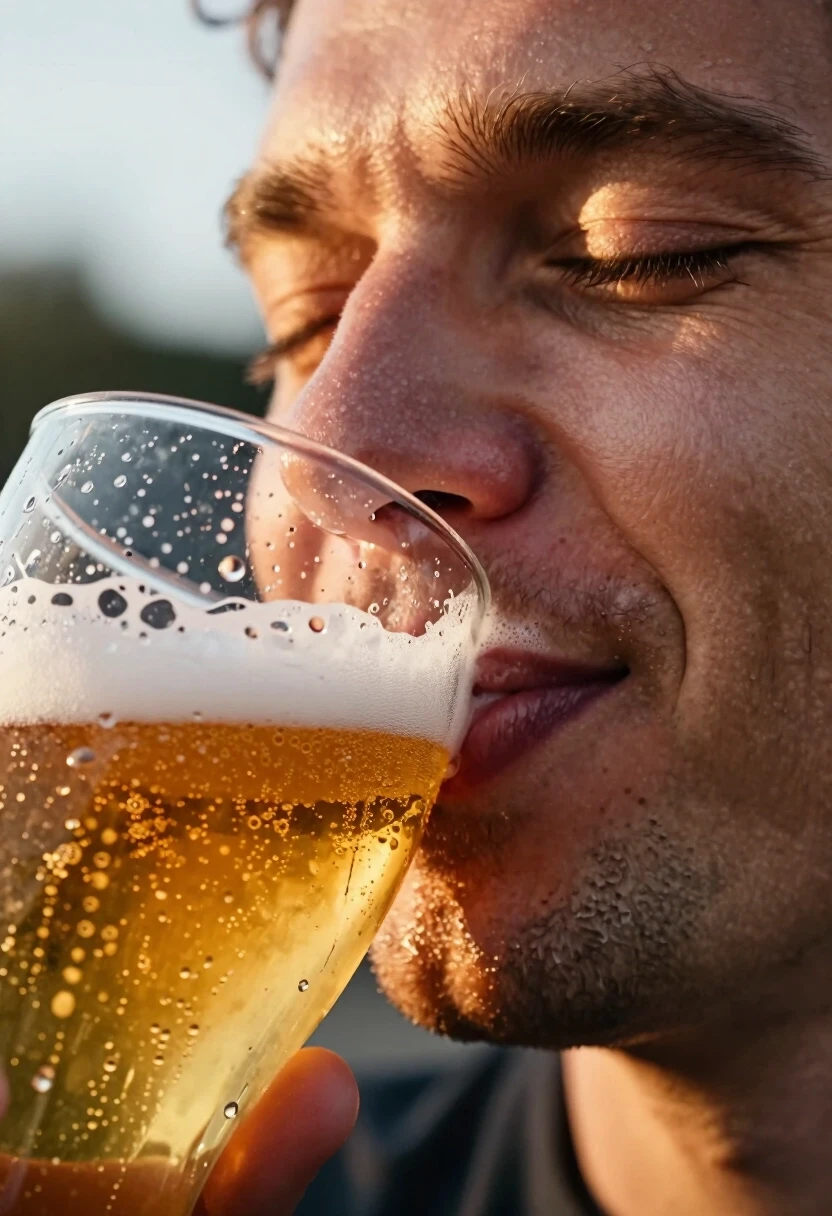 Prompt: A hyper-realistic 8k macro shot, extreme close-up. The focus is on a man's face in a moment of pure, visceral relief after the first sip of ice-cold lager. A thick,…