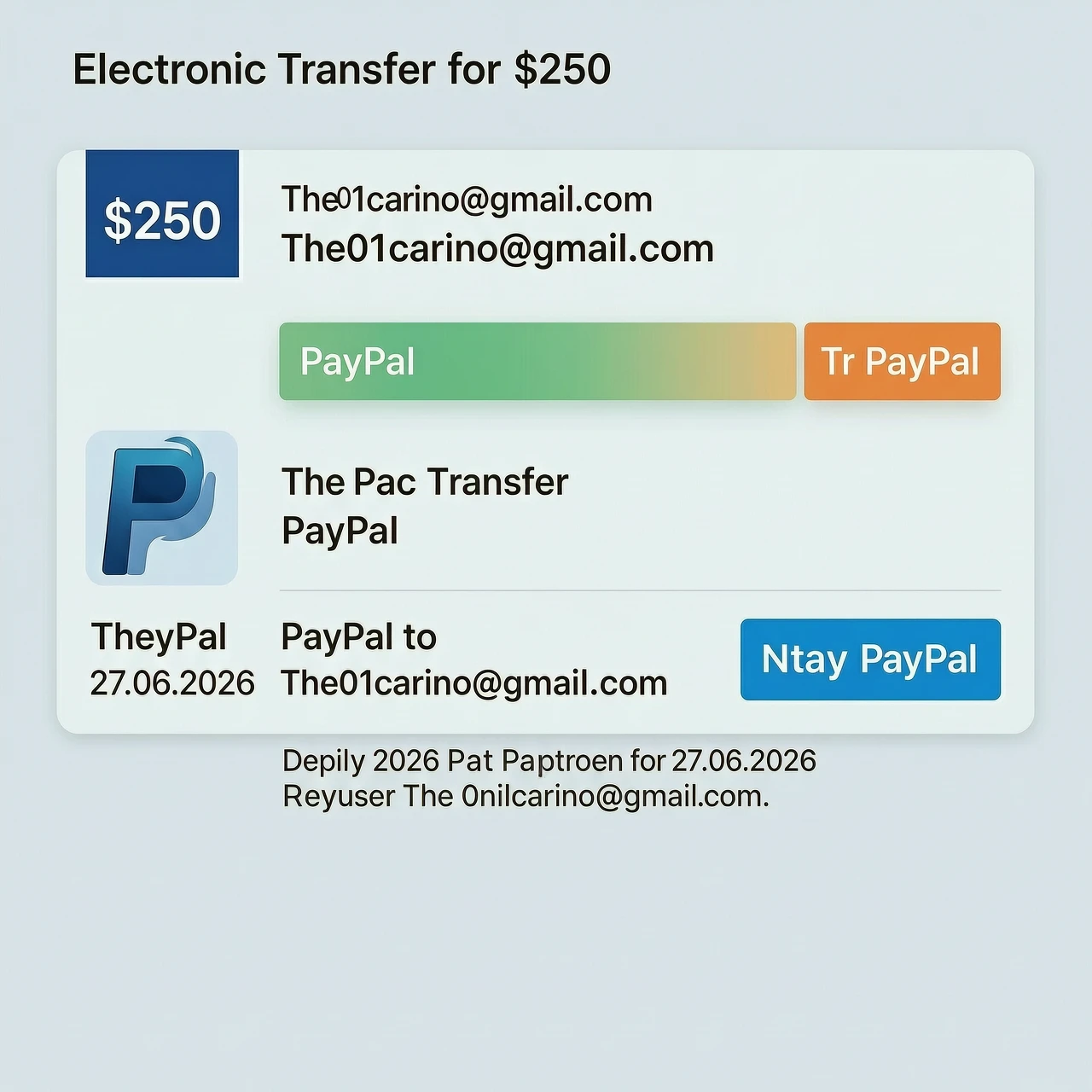 Generate a electronic transfer for $250 to PayPal to The01carino@gmail.com on 27.06.2026 — работа пользователя Неповторимый Кристалл