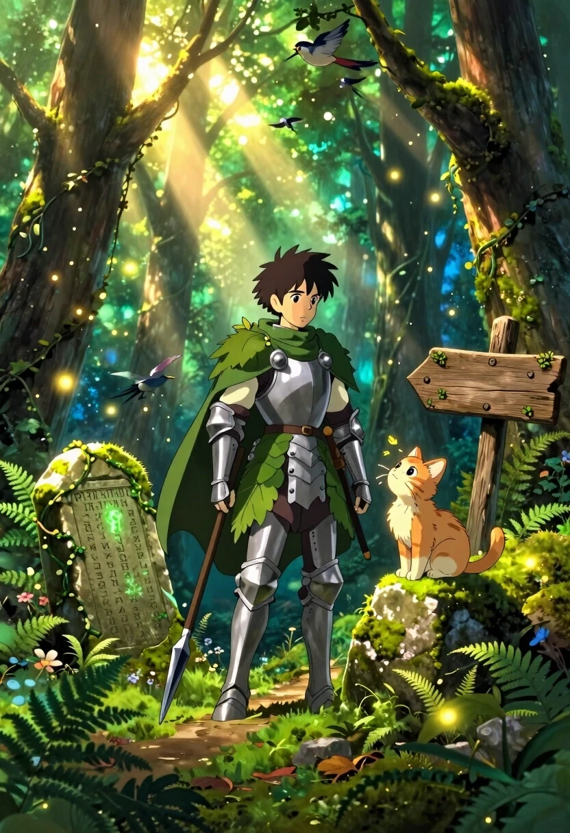 Anime fantasy art, Makoto Shinkai and Studio Ghibli vibes, vibrant saturated greens and warm sunlight, volumetric lighting, floating dust motes, hyper‑detailed textures, soft…